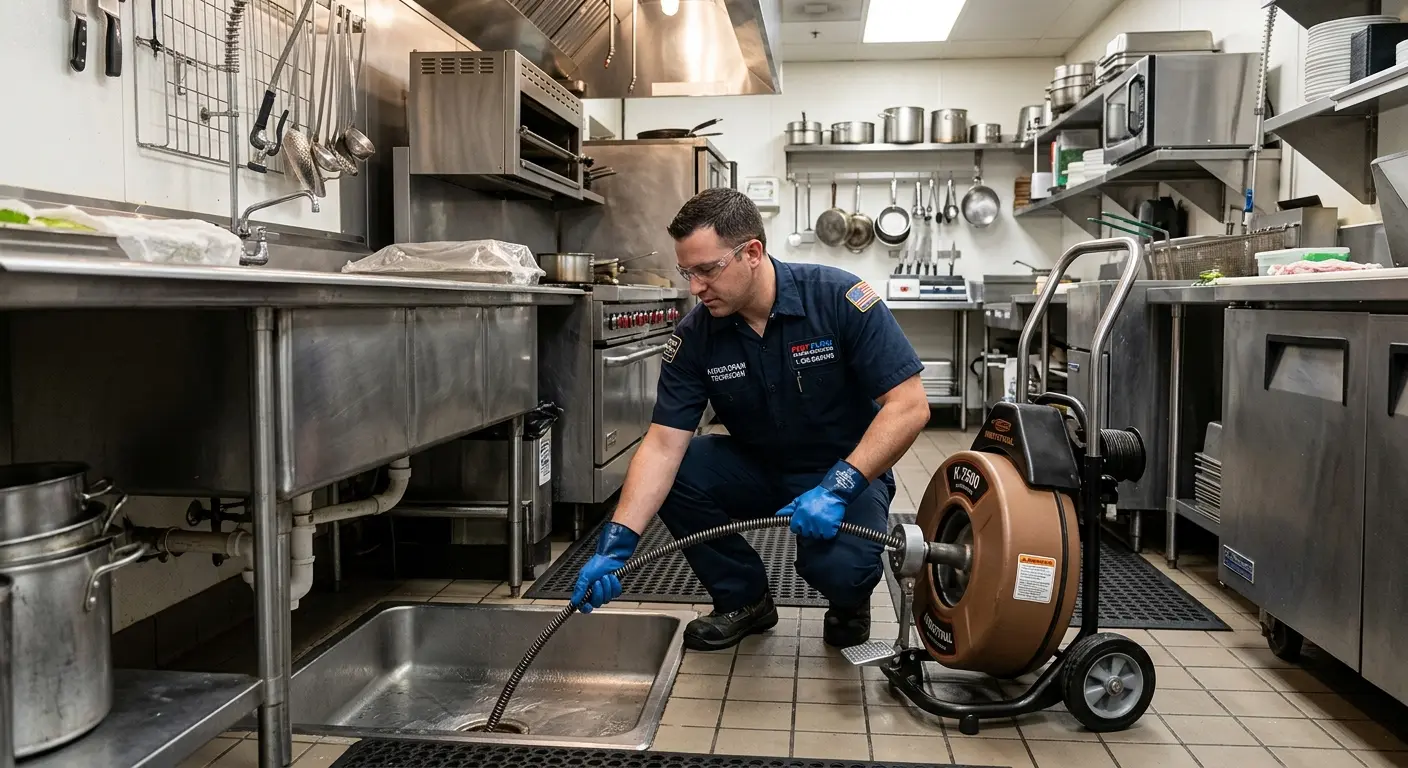 Commercial drain cleaning service in a restaurant kitchen in Sandy Oaks