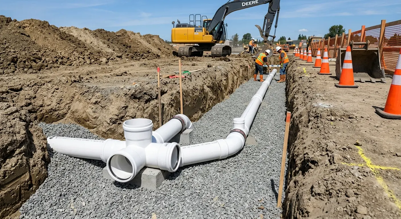 New PVC sewer pipe installation in open trench for Sewer Backup in Sandy Oaks