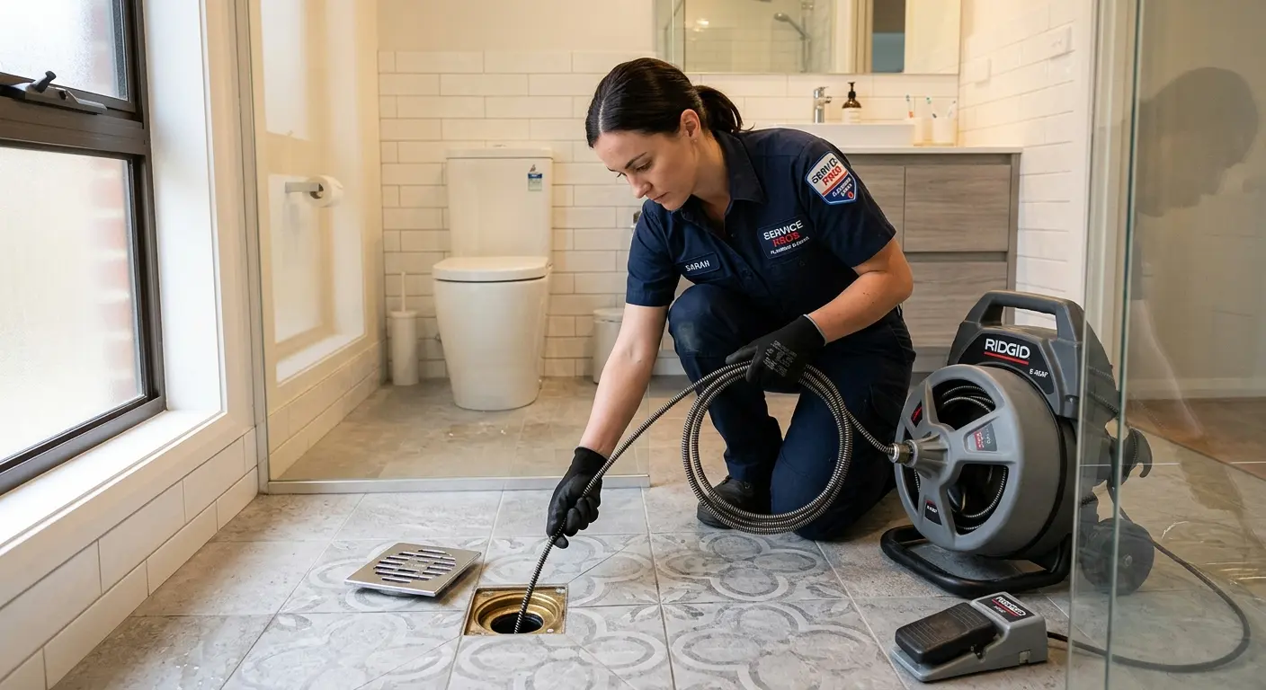 Technician clearing a bathroom floor drain for Clogged Drain Repair in Sandy Oaks